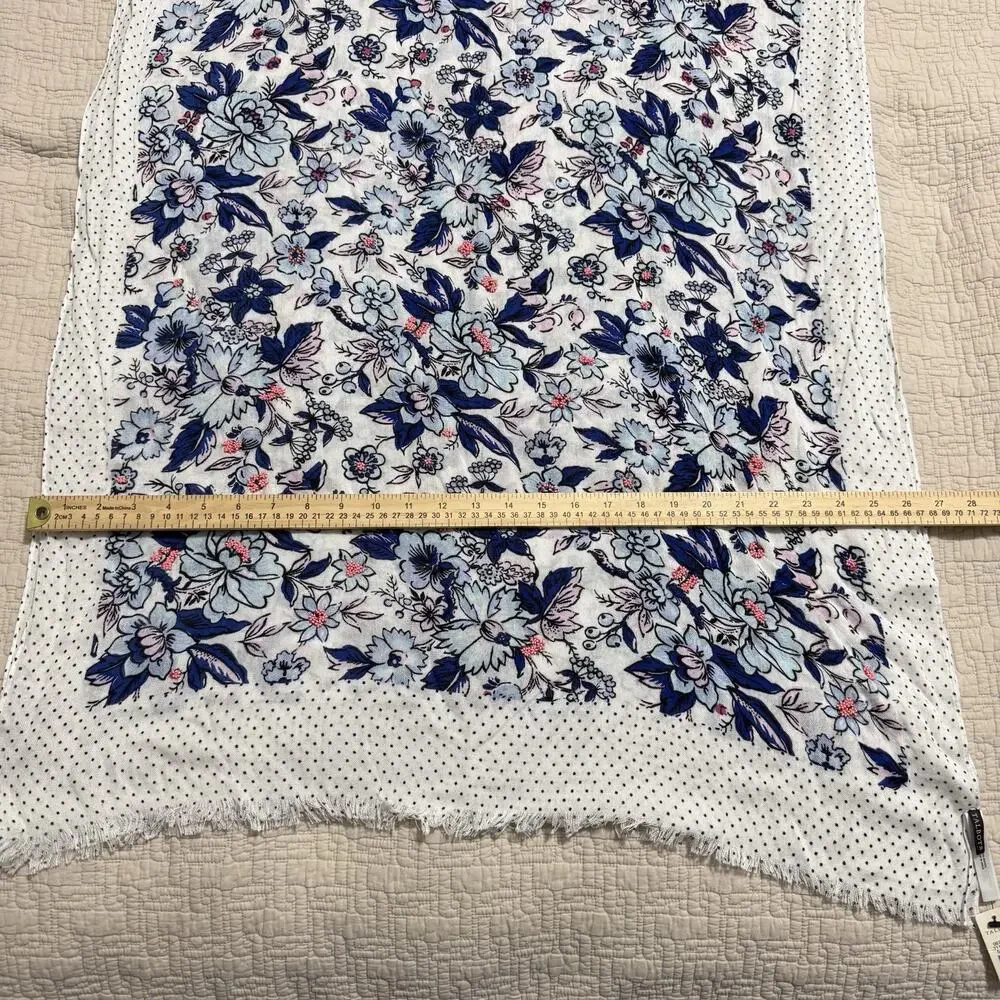 Talbots Blue Floral Beaded Scarf with Polka Dot Border